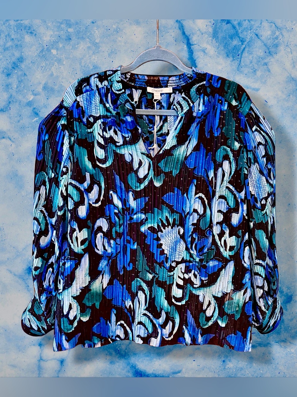 Chico's NWT Black, Blue & Teal Abstract Floral Pleated V-Neck Blouse size 18